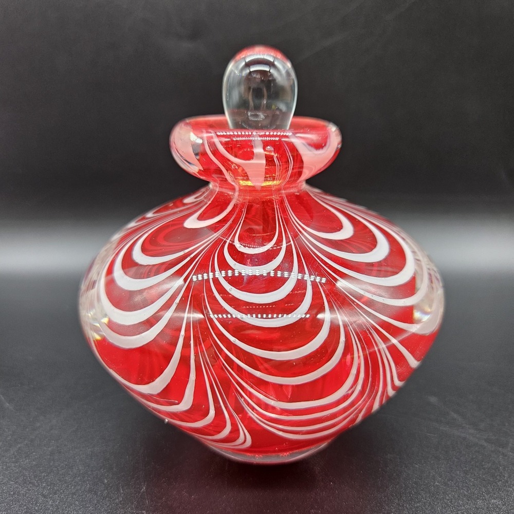 Murano Style Art Glass Sommerso Decanter Bottle Red White Pulled Feather Fenicio